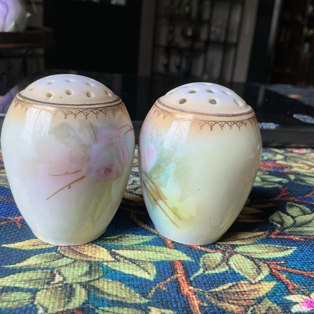 Vintage Porcelain Hand Painted Pink Roses Salt & Pepper Shakers Germany
